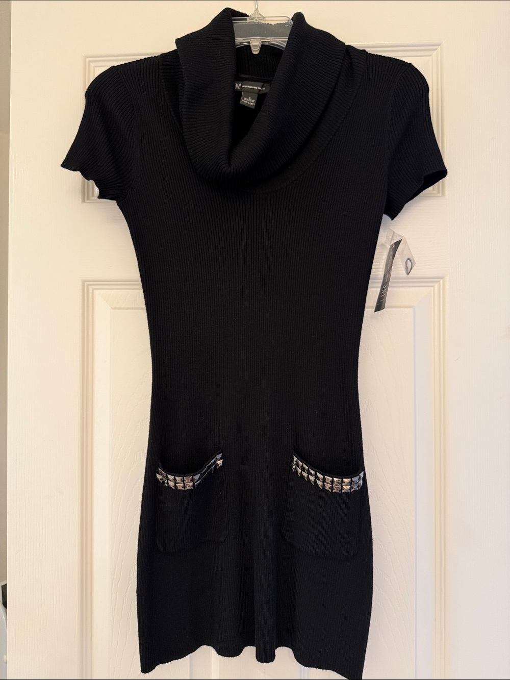INC International Concepts Black Ribbed Cowl Neck Short Sleeve Dress